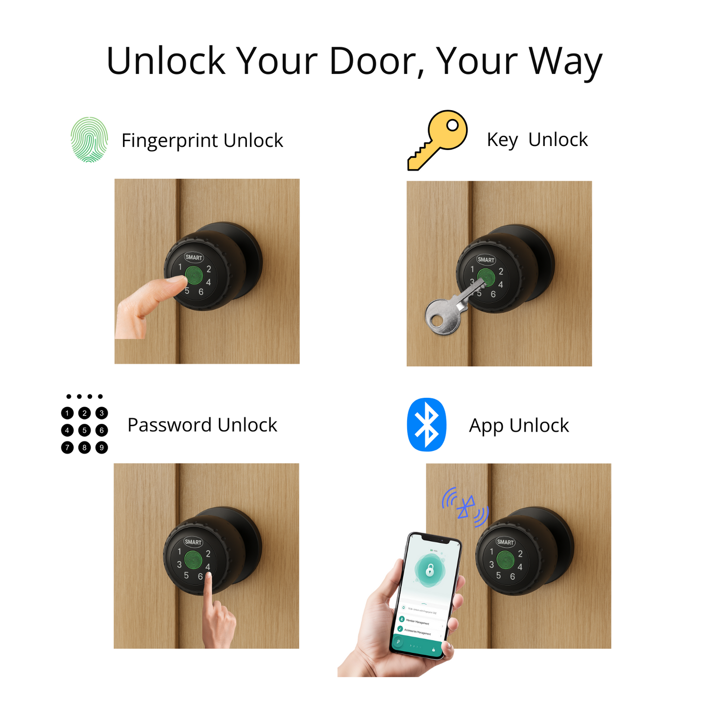 4-in-1 Smart Door Knob Lock with Fingerprint, Key Fob, App & Password Access